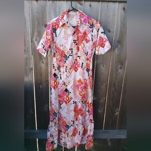 Vintage Barkcloth Dress Pockets 60s 70s Mcm Print Atomic Handmade